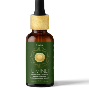 A bottle of Divine Herbal hair elixir by Nuba Skyn with a gold dropper. The elixir is in a deep amber bottle and has a lemongrass and peppermint scent. It helps with hair growth and is safe to use on pregnant women