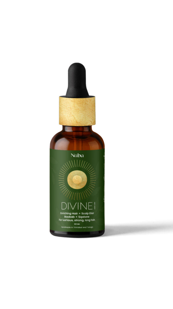 A bottle of Divine Herbal hair elixir by Nuba Skyn with a gold dropper. The elixir is in a deep amber bottle and has a lemongrass and peppermint scent. It helps with hair growth and is safe to use on pregnant women